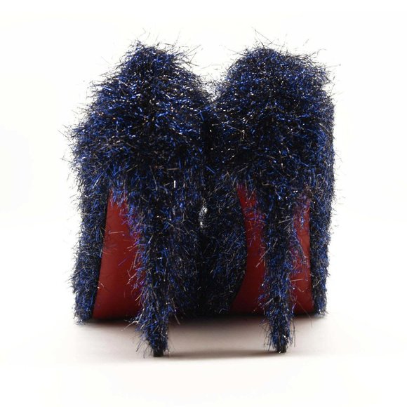NEW $850 Christian Louboutin Very Prive 120 Peep Toe Blue Glitter Metallic Threa - Picture 4 of 9
